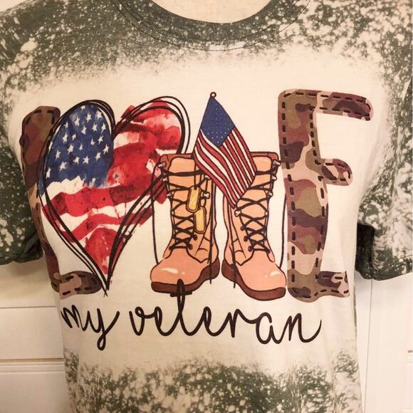 Love My Veteran Sublimated Bleach Dye Handmade Graphic Tee - Picture 5 of 5